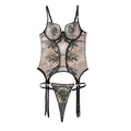 Conjunto Sexy Body com Ligas e String Preto e Bege