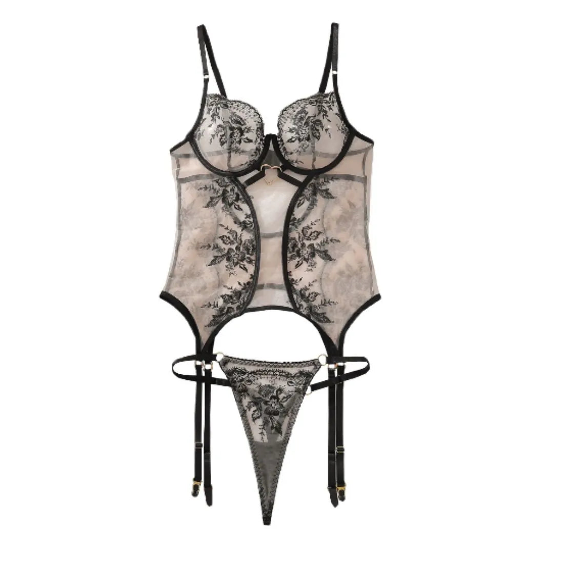 Conjunto Sexy Body com Ligas e String Preto e Bege