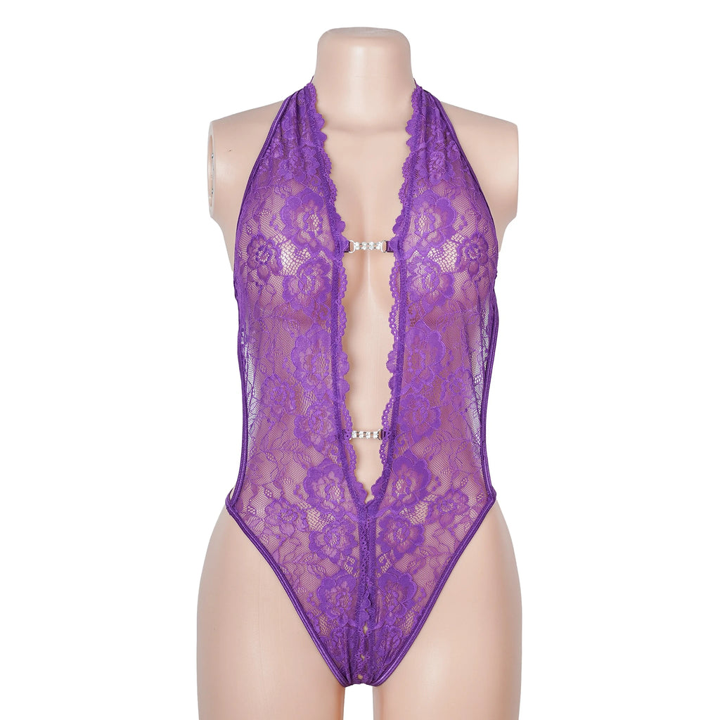 Body em Renda Roxo Aberto na Virilha - L