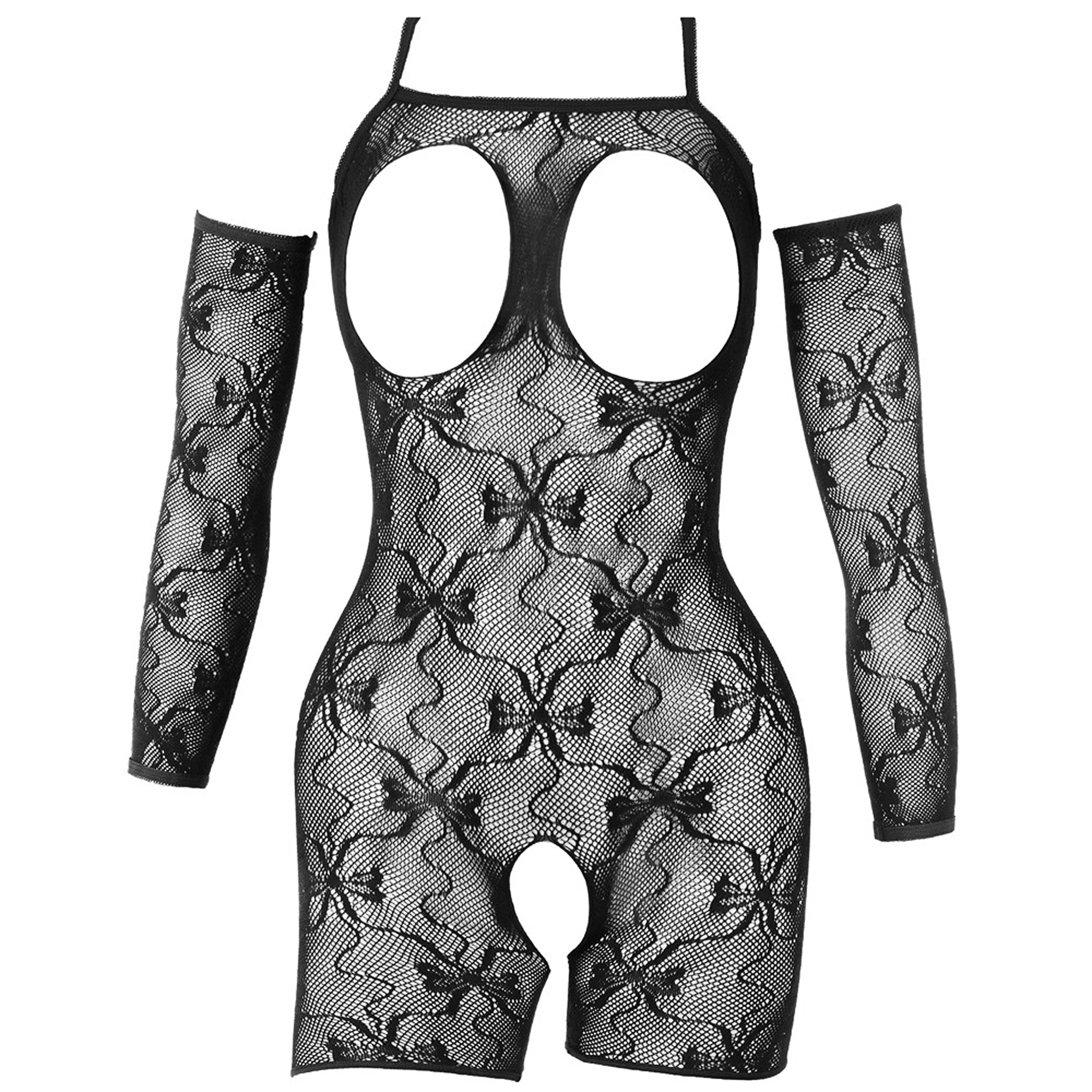 Catsuit Curto de Renda Aberto com Mangas Removíveis S/M