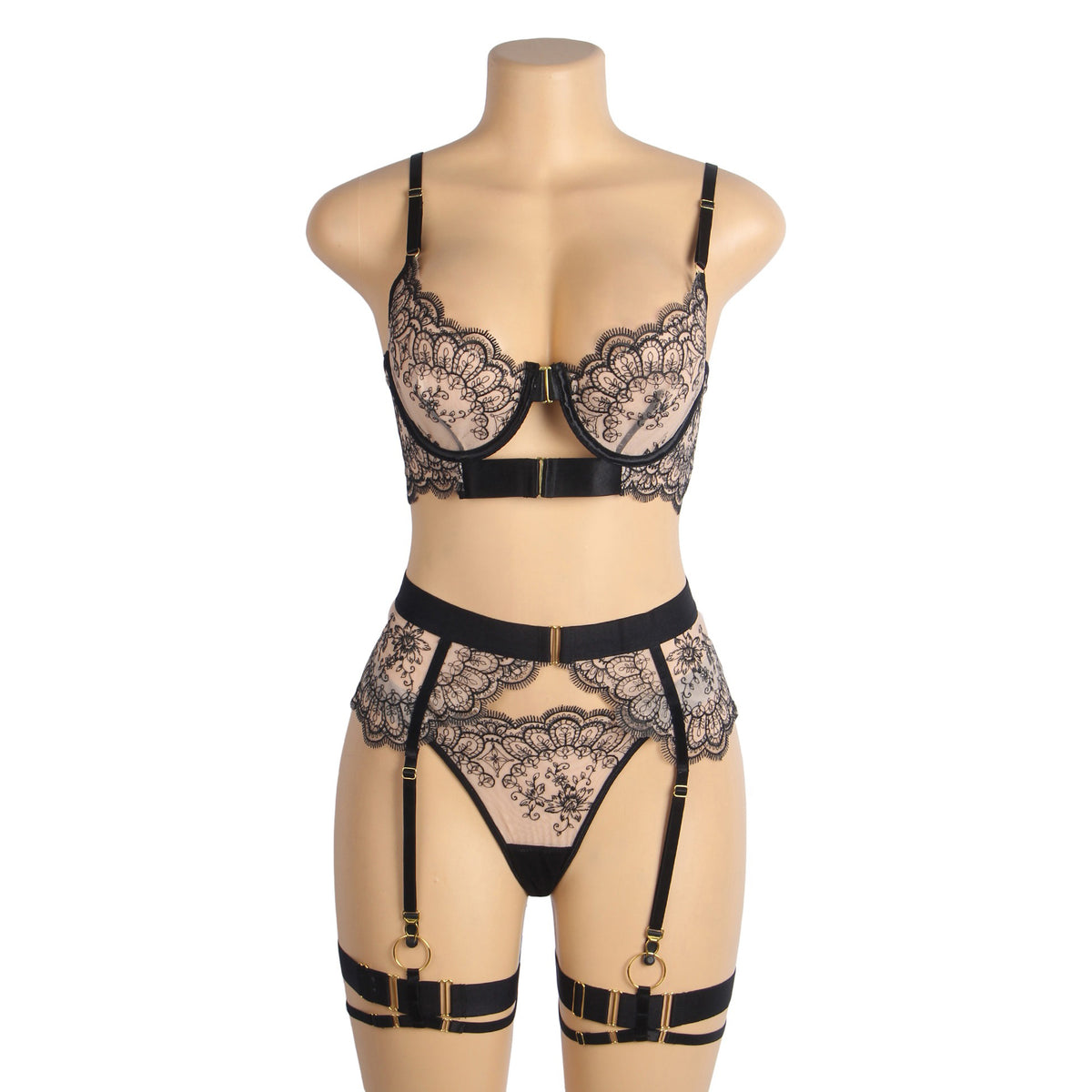 Conjunto de Lingerie Preto em Renda com Ligas - Tamanho L