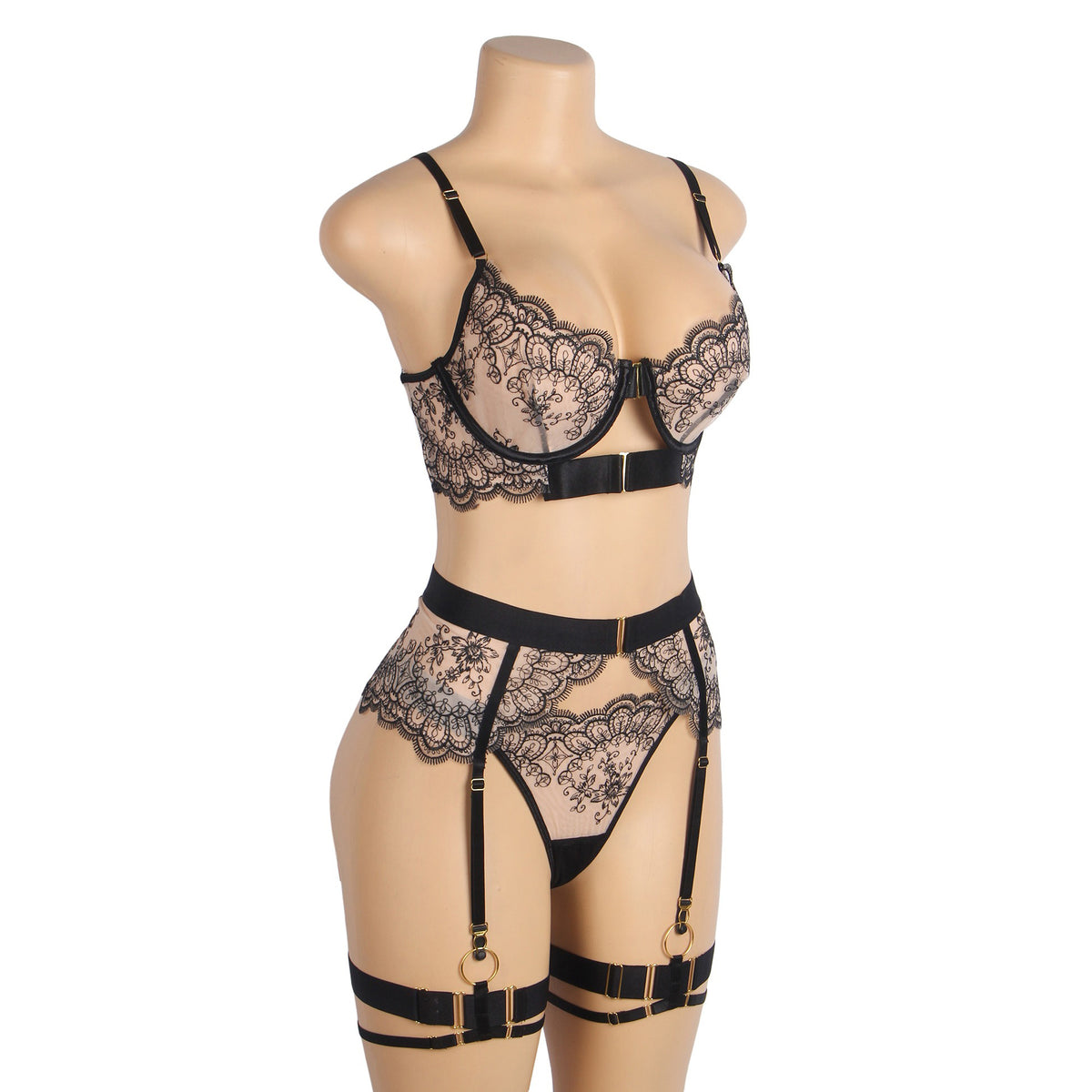 Conjunto de Lingerie Preto em Renda com Ligas - Tamanho L