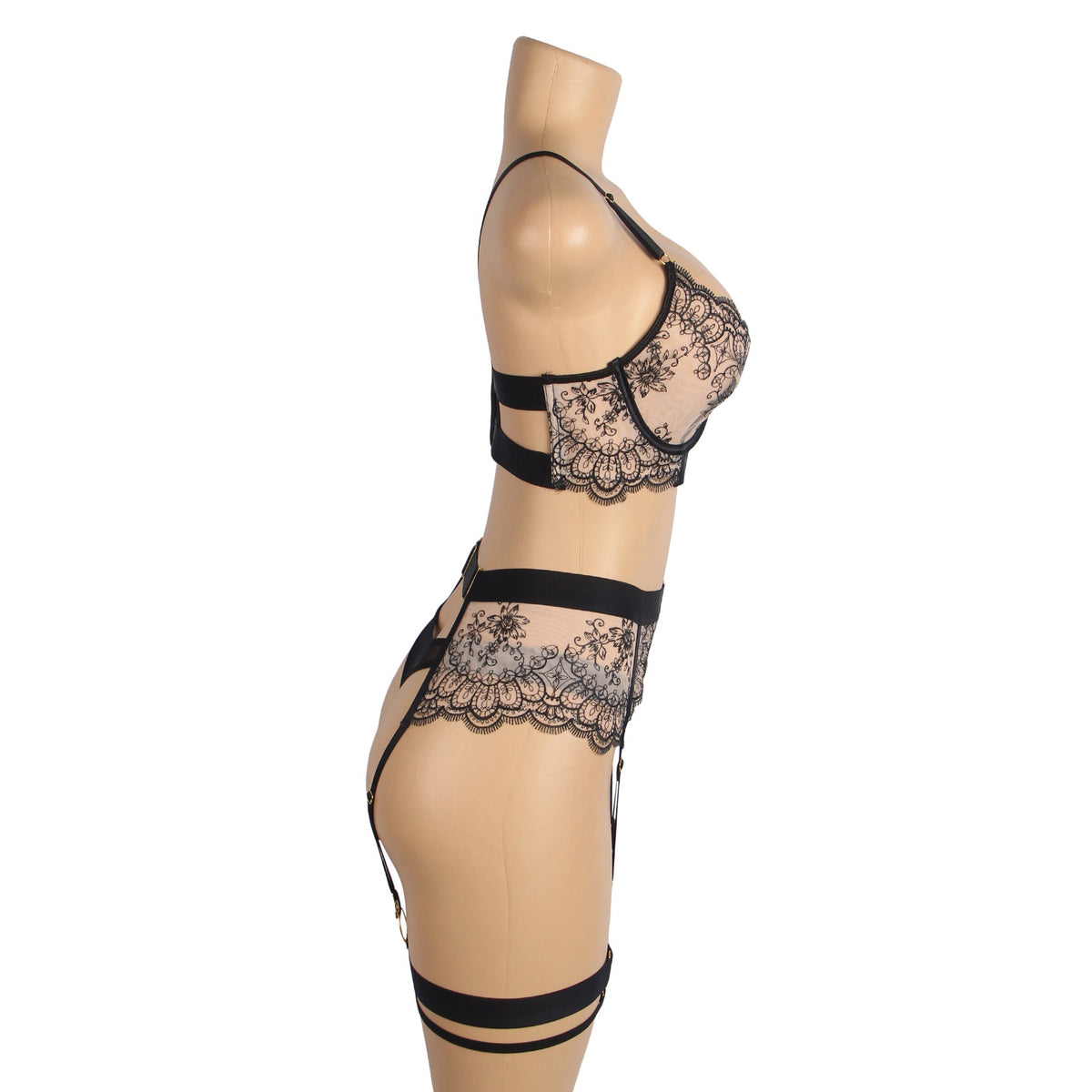 Conjunto de Lingerie Preto em Renda com Ligas - Tamanho L