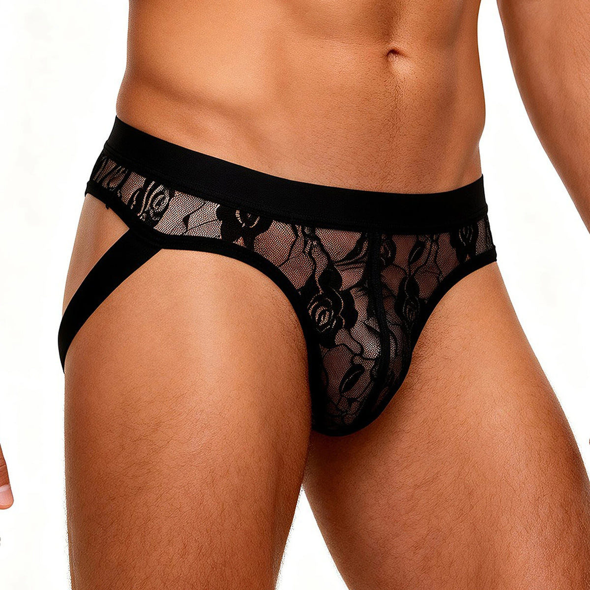 Jockstrap Masculino em Renda Preta Transparente