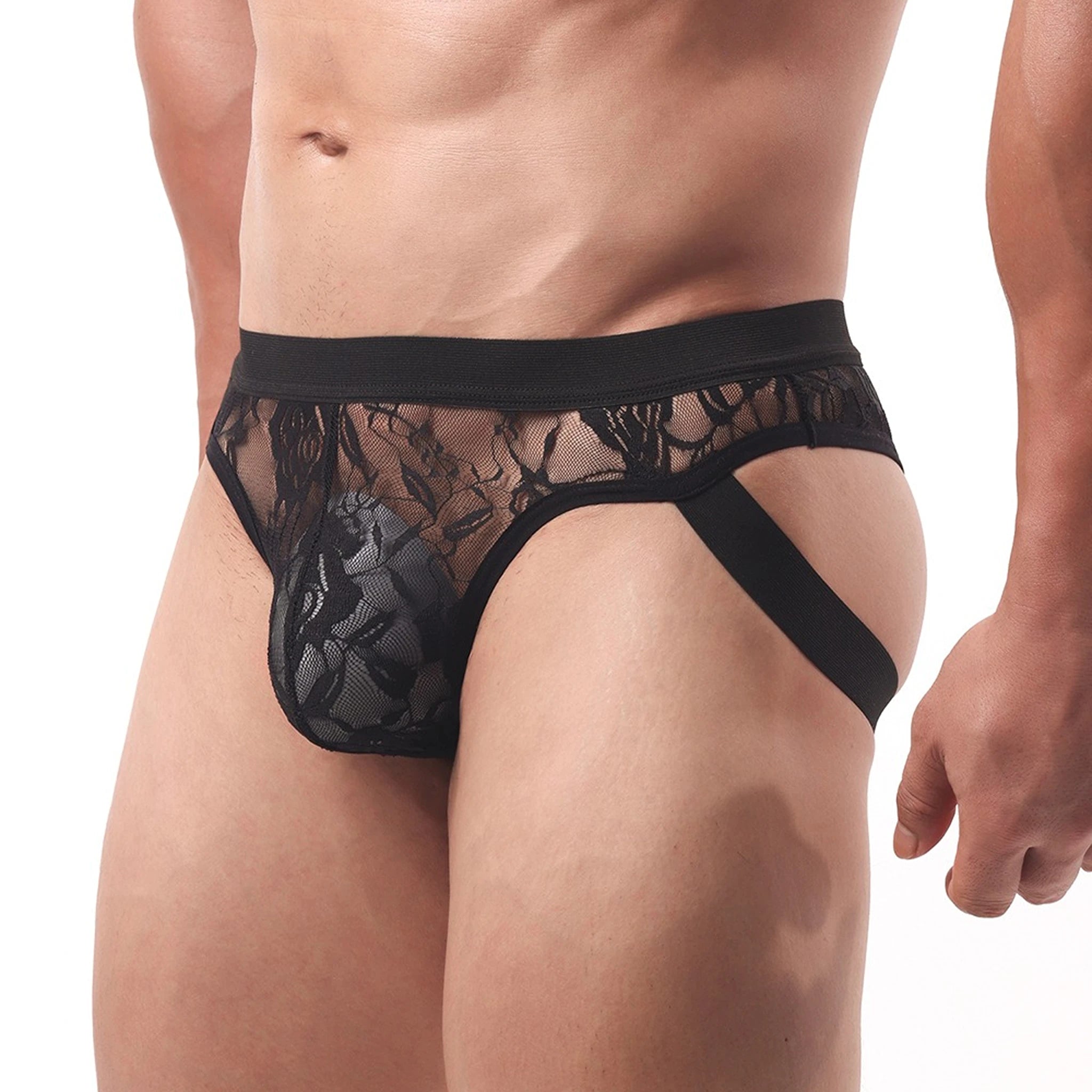 Jockstrap Masculino em Renda Preta Transparente