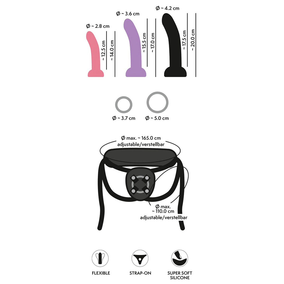 Kit Strap-On Arnês Ajustável com 3 Dildos de Ventosa