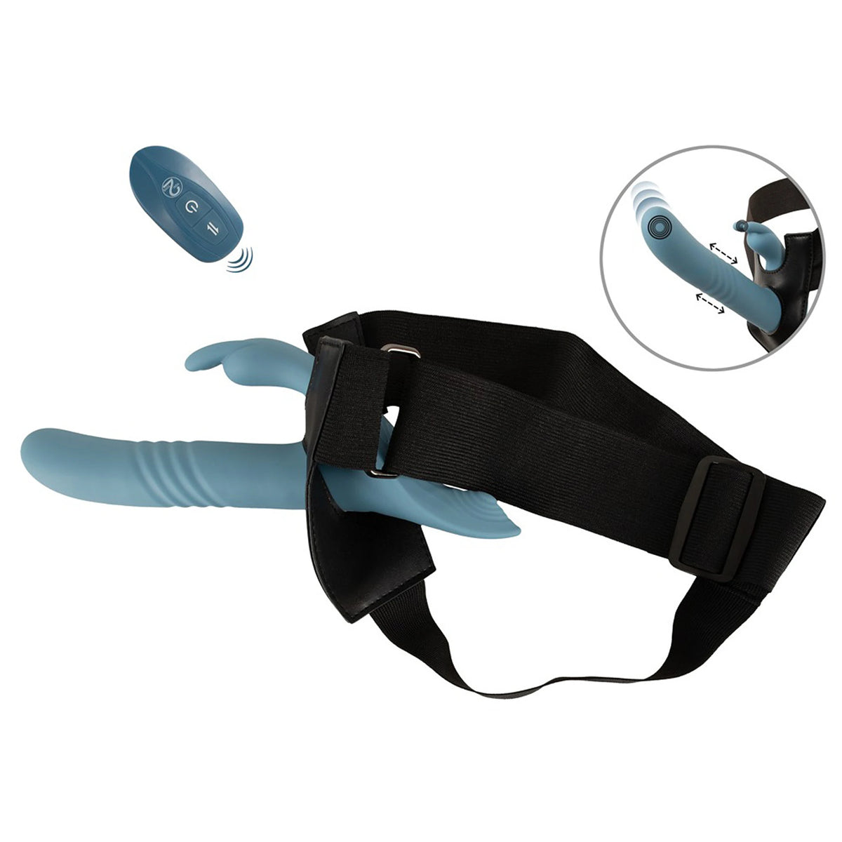 Kit Strap-On e Arnês Ajustável Azul com Vibrador Rabbit de Vaivém
