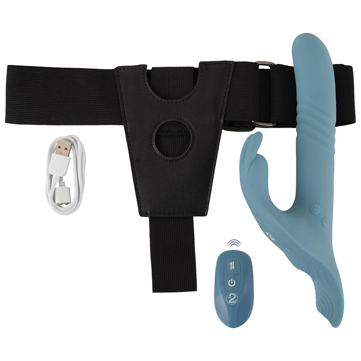 Kit Strap-On e Arnês Ajustável Azul com Vibrador Rabbit de Vaivém
