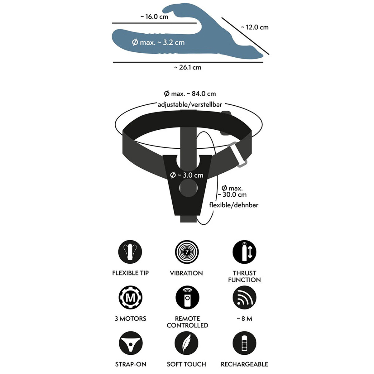 Kit Strap-On e Arnês Ajustável Azul com Vibrador Rabbit de Vaivém
