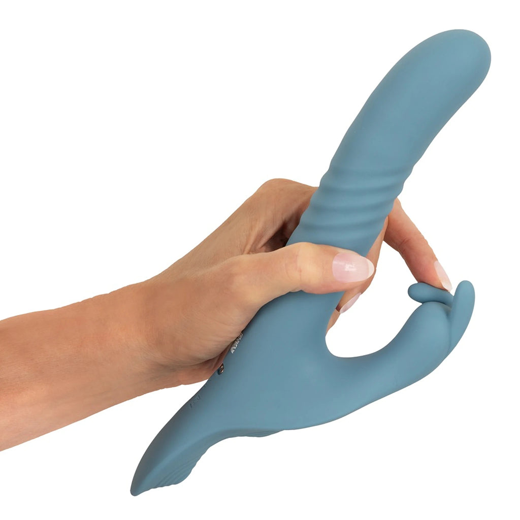 Kit Strap-On e Arnês Ajustável Azul com Vibrador Rabbit de Vaivém