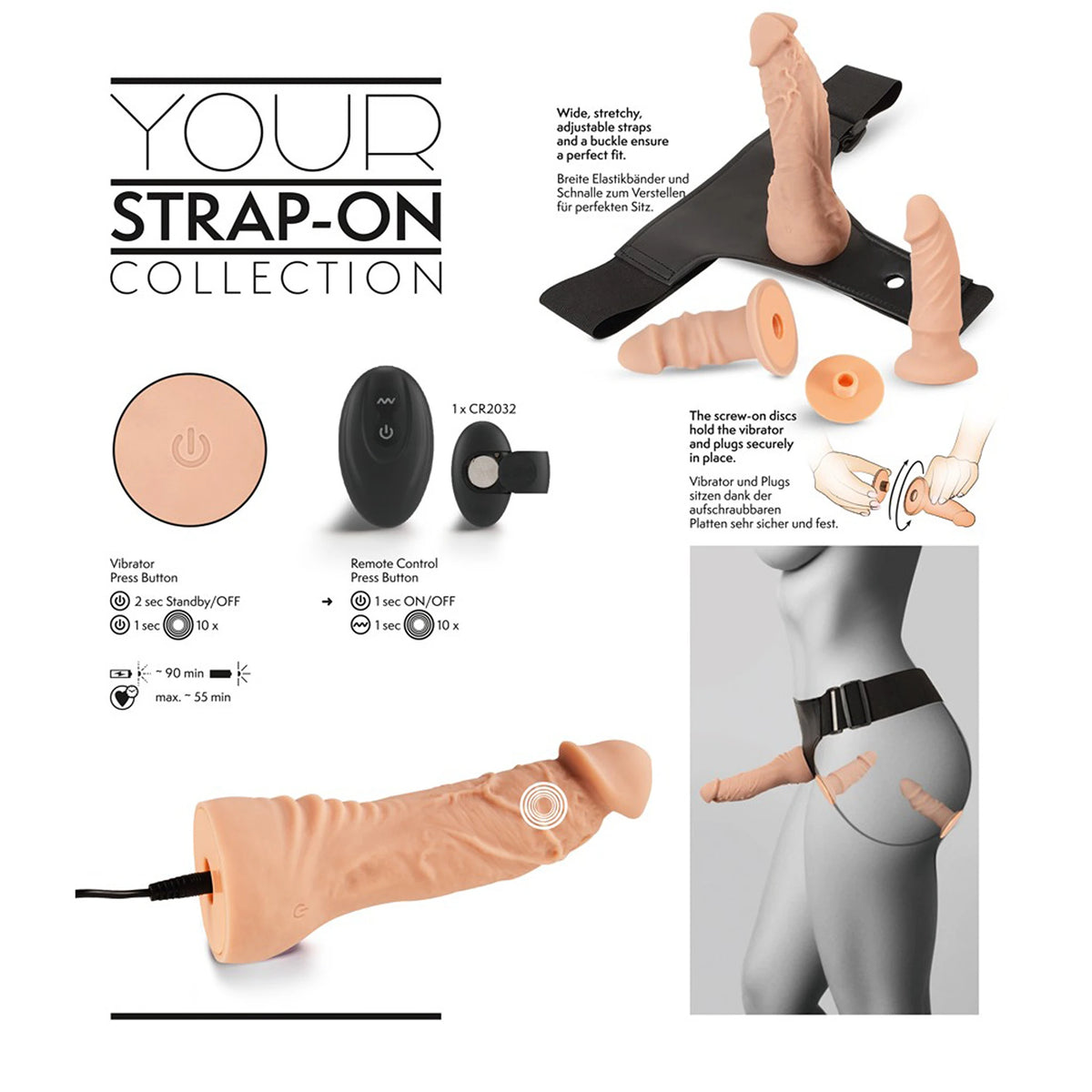 Kit Strap-On Arnês Ajustável Bege com Vibrador e 2 Dildos