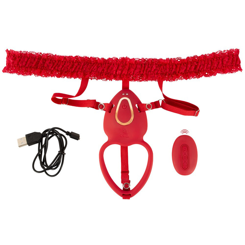 Vibrador Clitoriano Vermelho com Cinto de Renda e Comando à Distância