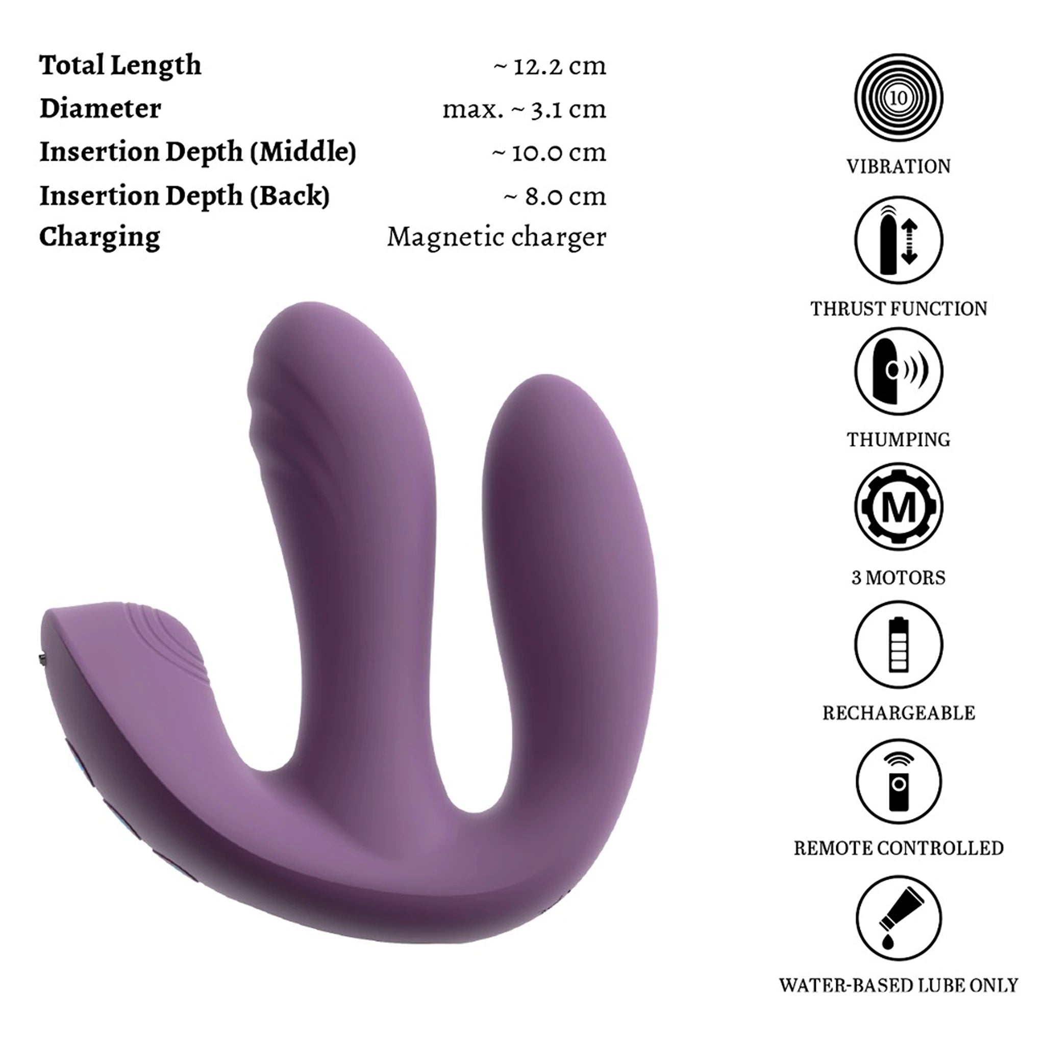 Vibrador Triplo de Silicone com Função Vaivém e Comando Roxo (12,2 cm)