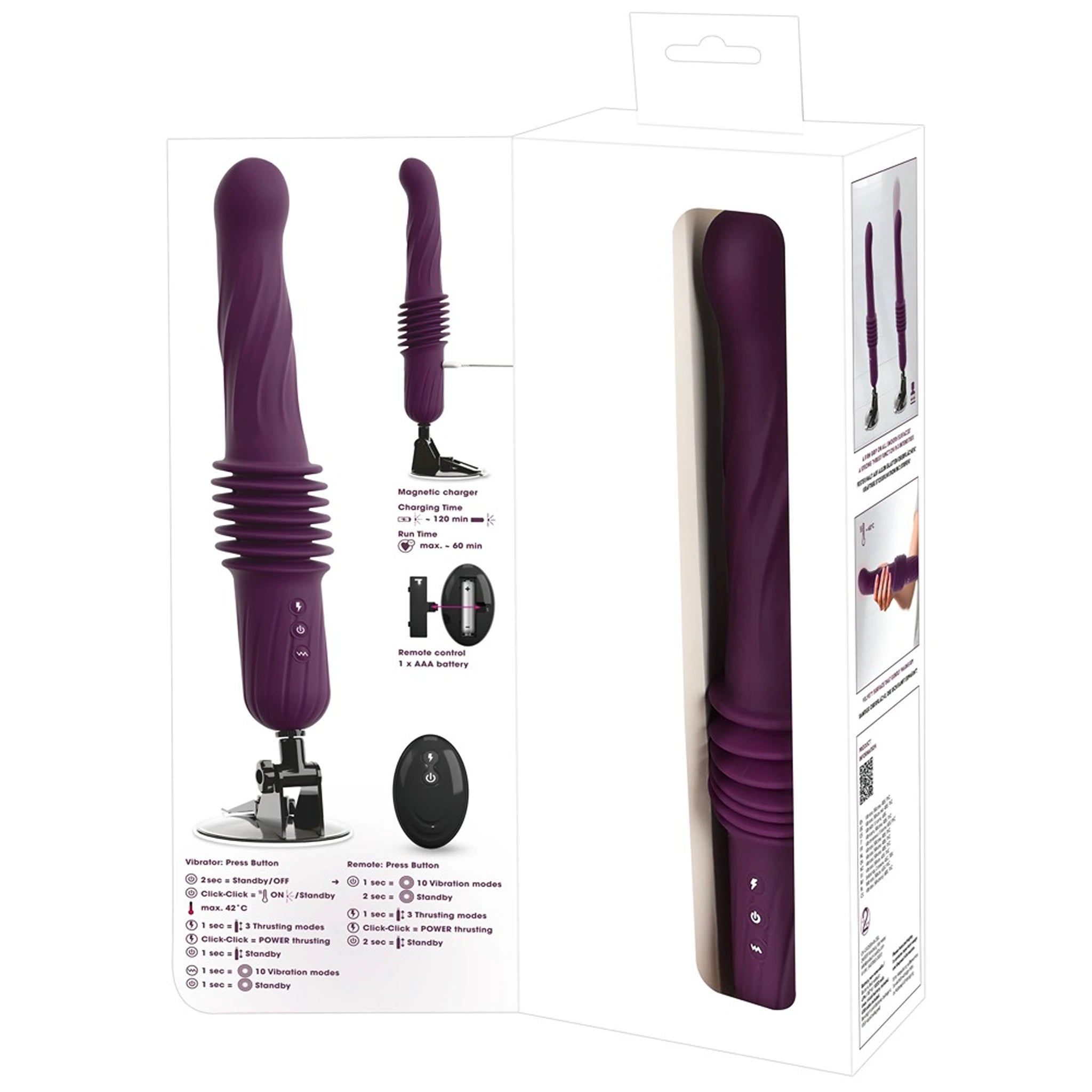 Vibrador de Vaivém de Silicone com Aquecimento, Ventosa e Comando - Roxo